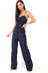 Navy Polka Dot Tie Front Cut Out Jumpsuit - Callen-Jumpsuits