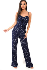 Navy Polka Dot Tie Front Cut Out Jumpsuit - Callen-Jumpsuits