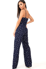 Navy Polka Dot Tie Front Cut Out Jumpsuit - Callen-Jumpsuits