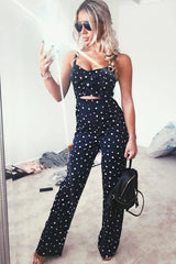 Navy Polka Dot Tie Front Cut Out Jumpsuit - Callen-Jumpsuits