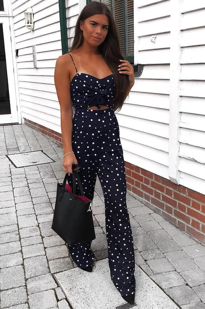 Navy Polka Dot Tie Front Cut Out Jumpsuit - Callen-Jumpsuits