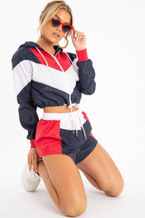 Navy Red Colour Block Hooded Jacket Shorts Tracksuit Co-ord - Jettie-Co-ords