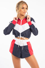 Navy Red Colour Block Hooded Jacket Shorts Tracksuit Co-ord - Jettie-Co-ords