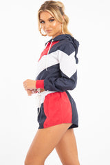 Navy Red Colour Block Hooded Jacket Shorts Tracksuit Co-ord - Jettie-Co-ords