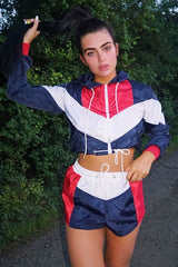 Navy Red Colour Block Hooded Jacket Shorts Tracksuit Co-ord - Jettie-Co-ords
