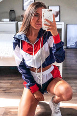 Navy Red Colour Block Hooded Jacket Shorts Tracksuit Co-ord - Jettie-Co-ords