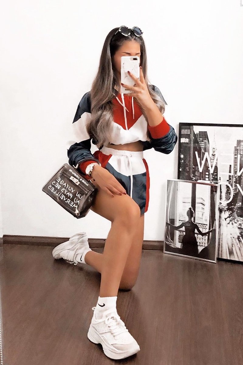 Navy Red Colour Block Hooded Jacket Shorts Tracksuit Co-ord - Jettie-Co-ords