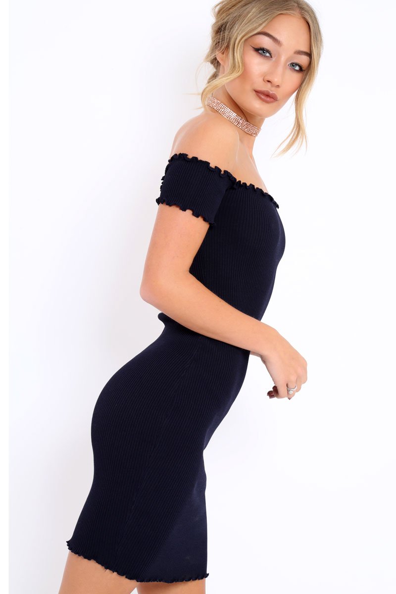 Navy Ribbed Frill Hem Bardot Bodycon Dress - Kamille-Crop Tops