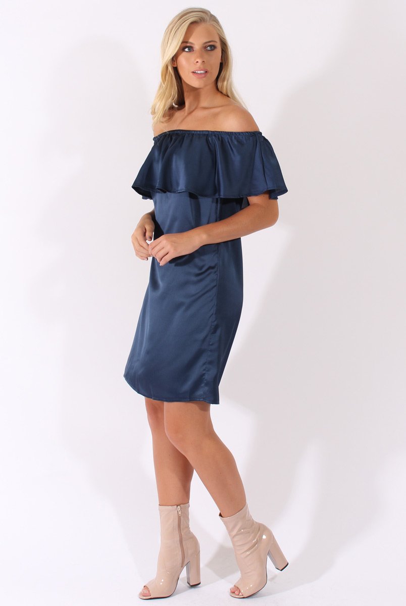 Navy Satin Bardot Frill Dress - Alura-Dresses