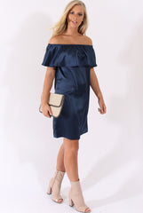 Navy Satin Bardot Frill Dress - Alura-Dresses