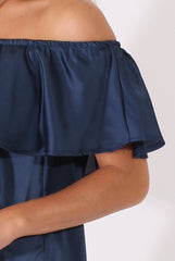 Navy Satin Bardot Frill Dress - Alura-Dresses
