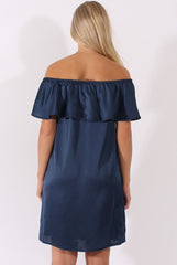 Navy Satin Bardot Frill Dress - Alura-Dresses