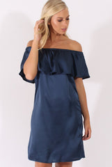 Navy Satin Bardot Frill Dress - Alura-Dresses