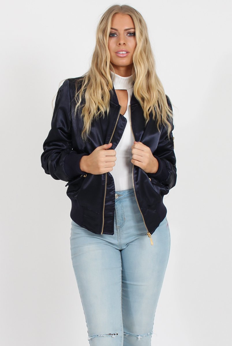 Navy Satin Bomber Jacket - Neve-Jackets