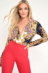 Navy Scarf Print Plunge Long Sleeve Bodysuit - Taylie-Bodysuits