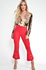 Navy Scarf Print Plunge Long Sleeve Bodysuit - Taylie-Bodysuits