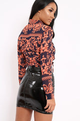 Navy Scarf Print Tie Blouse - Hermione-Tops