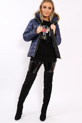 Navy Shiny Puffer Coat with Fur Hood - Idy-Coats