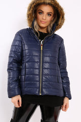 Navy Shiny Puffer Coat with Fur Hood - Idy-Coats