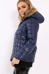 Navy Shiny Puffer Coat with Fur Hood - Idy-Coats