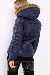 Navy Shiny Puffer Coat with Fur Hood - Idy-Coats