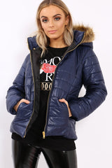 Navy Shiny Puffer Coat with Fur Hood - Idy-Coats