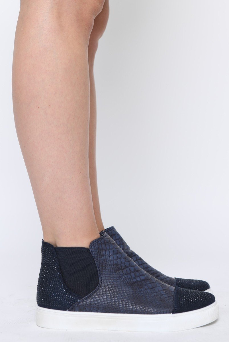 Navy Snakeskin Diamante High Top Trainers - Kaia-Trainers