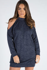 Navy Soft Cold Shoulder Jumper Dress - Tina-Jumper