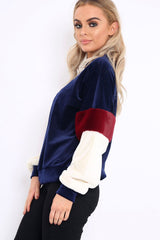 Navy Soft Fur Jumper with Contrast Sleeves - Erla-Jumper