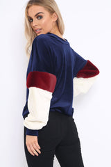 Navy Soft Fur Jumper with Contrast Sleeves - Erla-Jumper