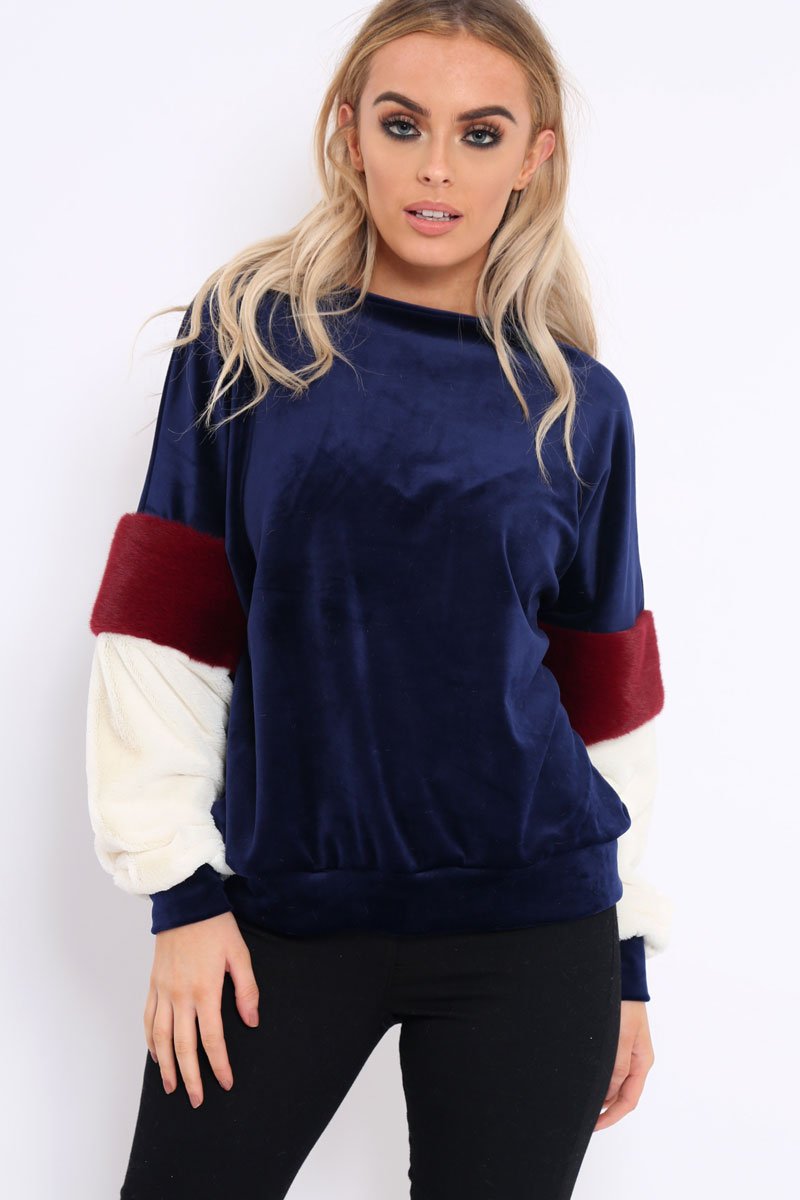 Navy Soft Fur Jumper with Contrast Sleeves - Erla-Jumper
