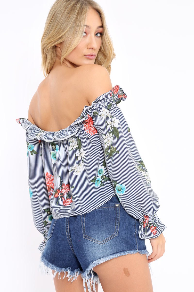 Navy Stripe Floral Print Bardot Top - Bek-Tops