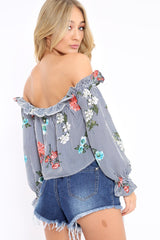 Navy Stripe Floral Print Bardot Top - Bek-Tops