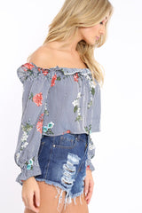 Navy Stripe Floral Print Bardot Top - Bek-Tops
