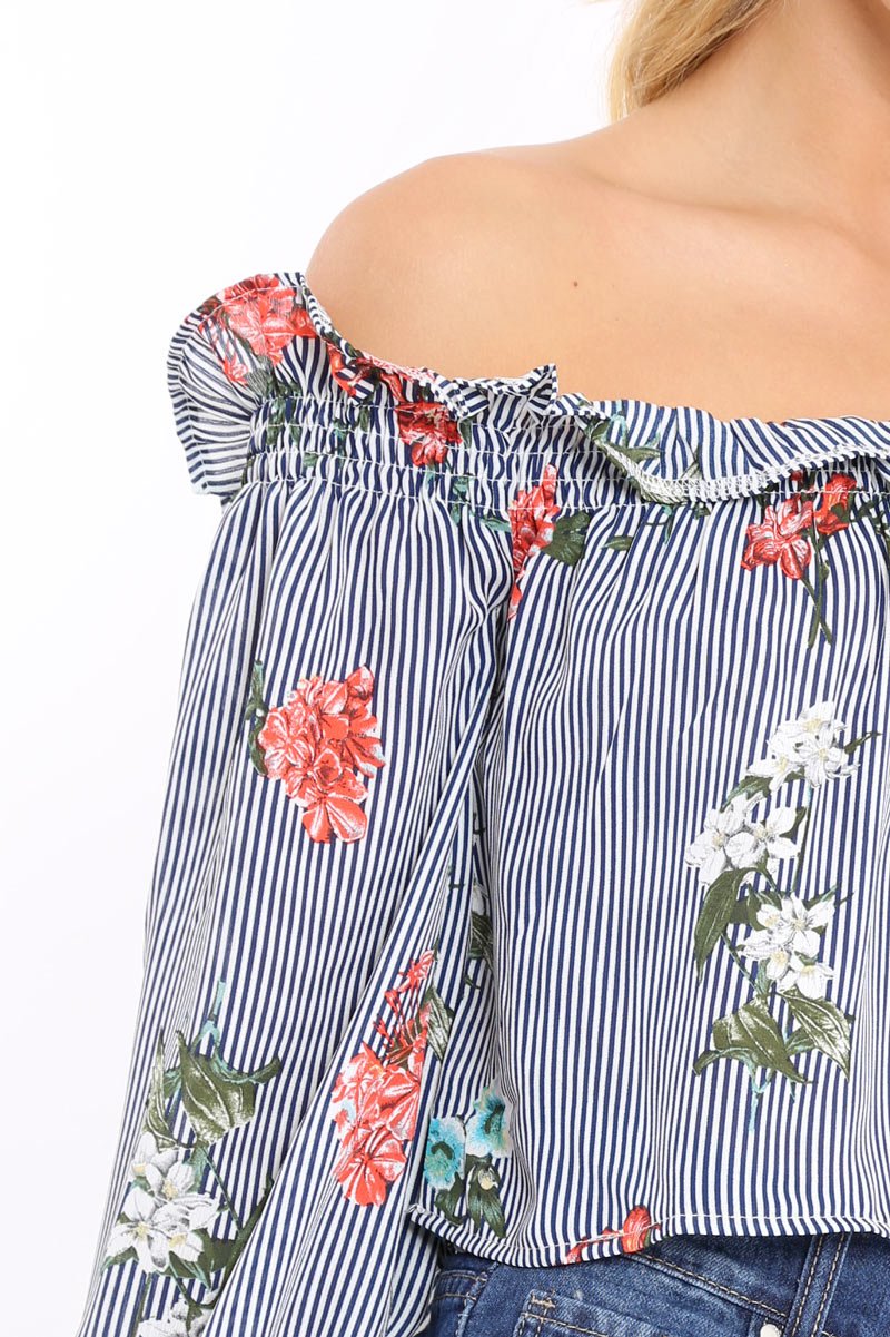 Navy Stripe Floral Print Bardot Top - Bek-Tops
