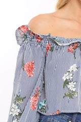 Navy Stripe Floral Print Bardot Top - Bek-Tops