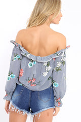 Navy Stripe Floral Print Bardot Top - Bek-Tops