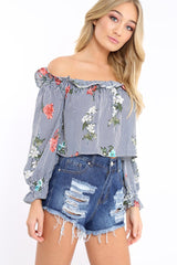 Navy Stripe Floral Print Bardot Top - Bek-Tops