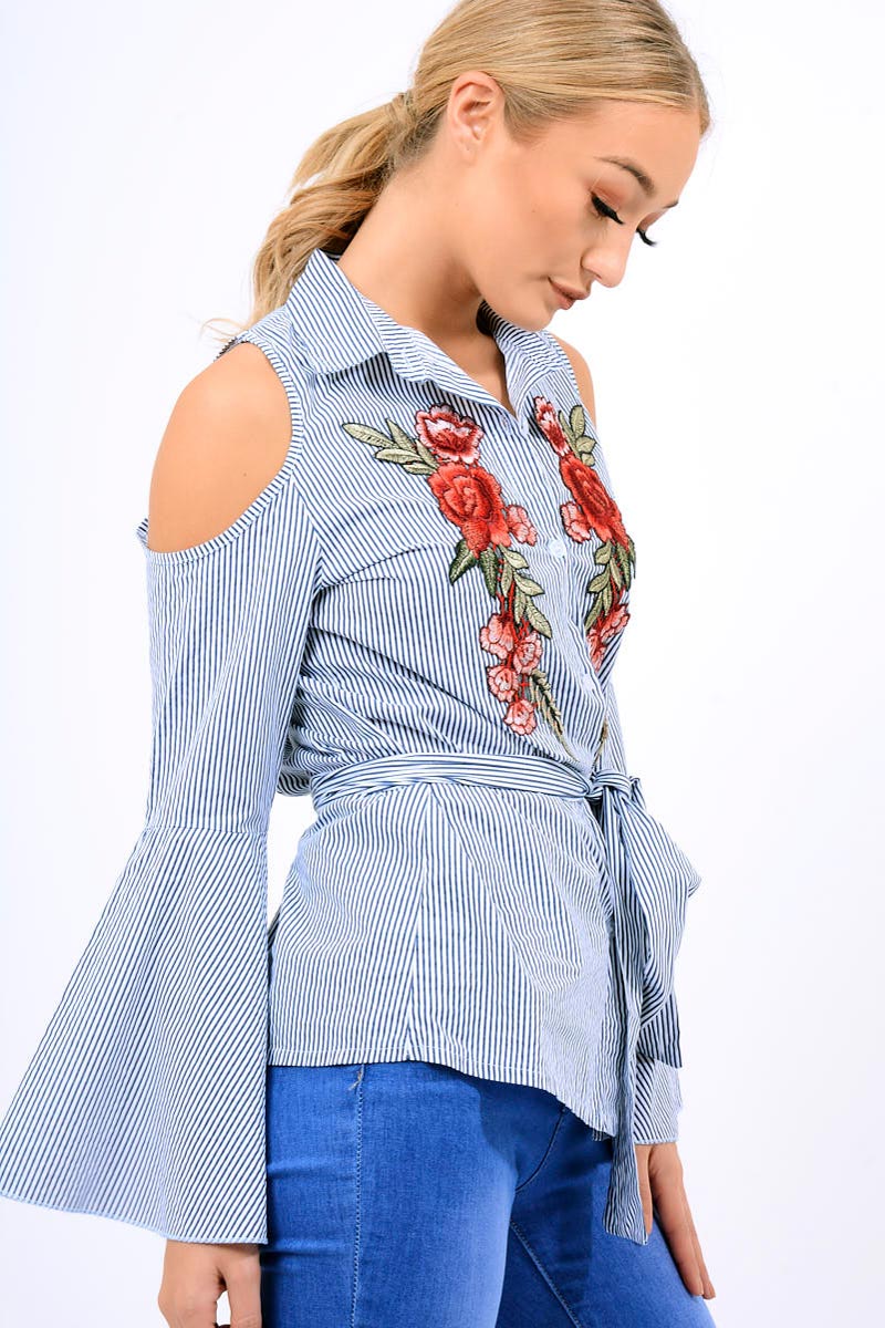 Navy Striped Cold Shoulder Tie Shirt - Aniyah-Shirts