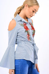 Navy Striped Cold Shoulder Tie Shirt - Aniyah-Shirts