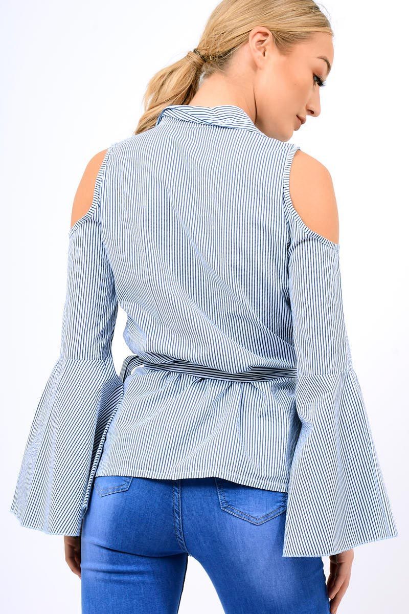 Navy Striped Cold Shoulder Tie Shirt - Aniyah-Shirts
