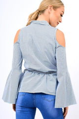 Navy Striped Cold Shoulder Tie Shirt - Aniyah-Shirts