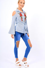 Navy Striped Cold Shoulder Tie Shirt - Aniyah-Shirts