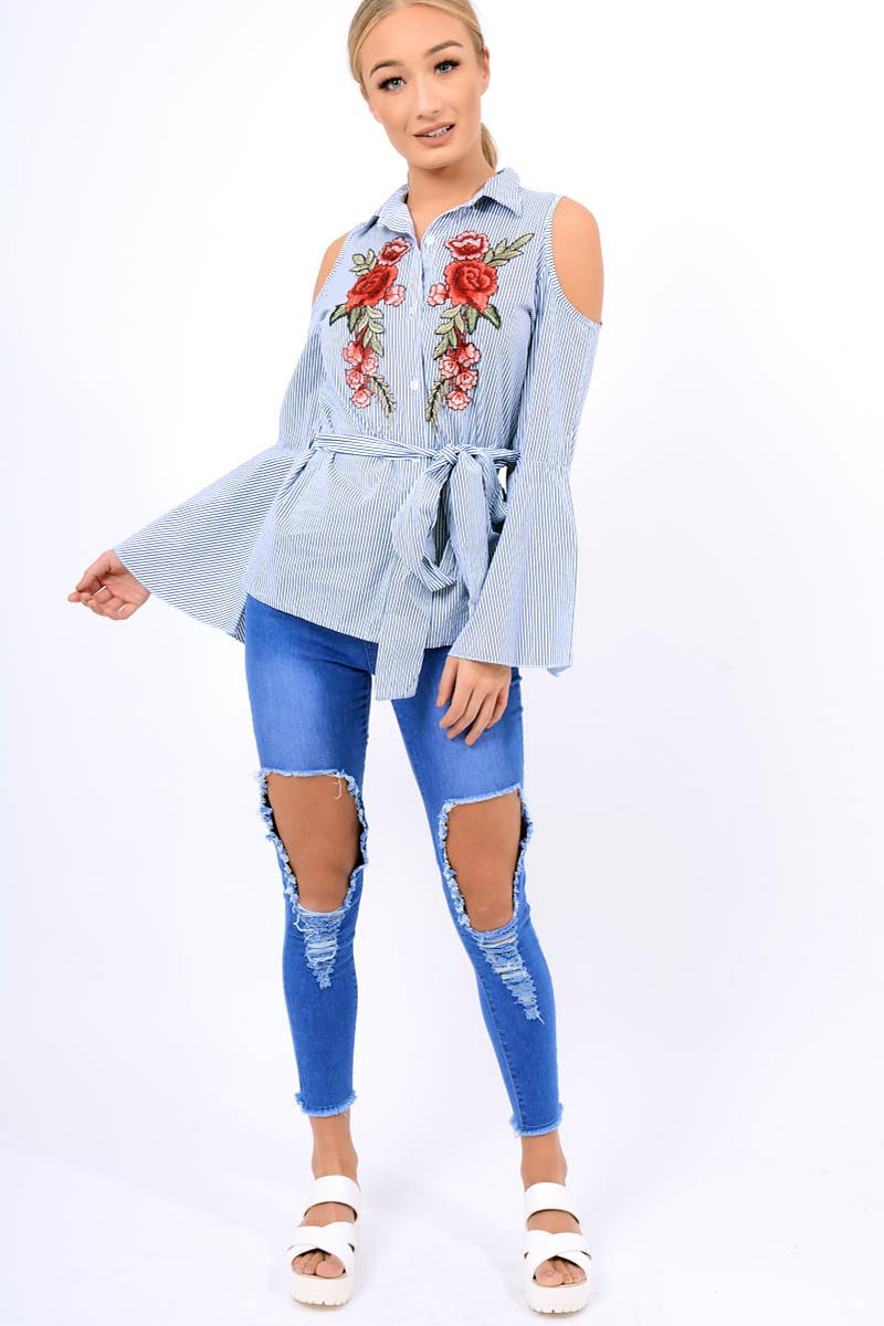 Navy Striped Cold Shoulder Tie Shirt - Aniyah-Shirts