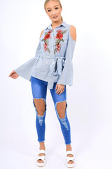 Navy Striped Cold Shoulder Tie Shirt - Aniyah-Shirts