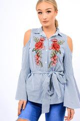 Navy Striped Cold Shoulder Tie Shirt - Aniyah-Shirts