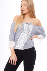 Navy Striped Crochet Trim Bardot Top - Nisha-Tops