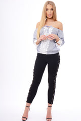 Navy Striped Crochet Trim Bardot Top - Nisha-Tops