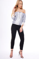 Navy Striped Crochet Trim Bardot Top - Nisha-Tops