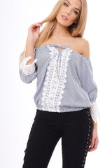 Navy Striped Crochet Trim Bardot Top - Nisha-Tops